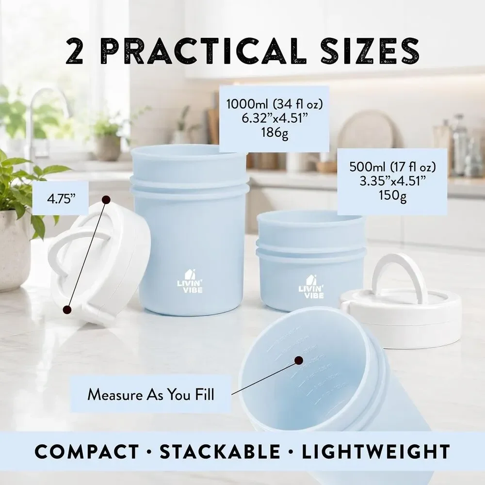 Silicone Food Storage Containers Set of 2 Airtight Lids Light Blue 16.9 & 33.8oz